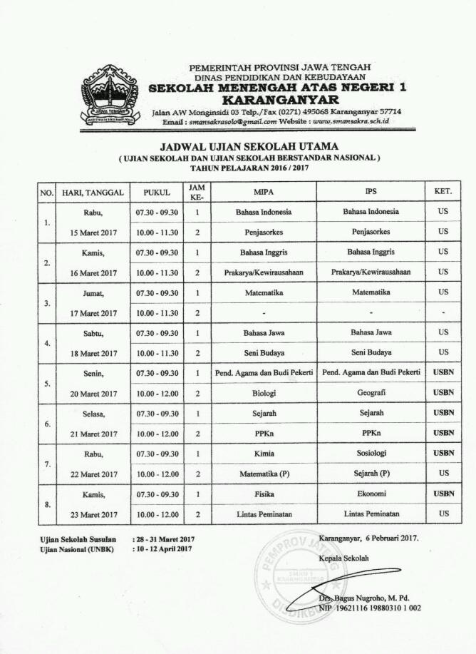 Jadwal Ujian Sekolah Utama
